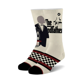 vito corleone godfather white socks with red & black checkered pattern around ankle. black and white image of marlon brando as vito corleone sitting in chair from the movie the godfather.  