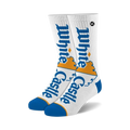 Pair of White Castle crew socks. White background with large blue and orange White Castle logo.