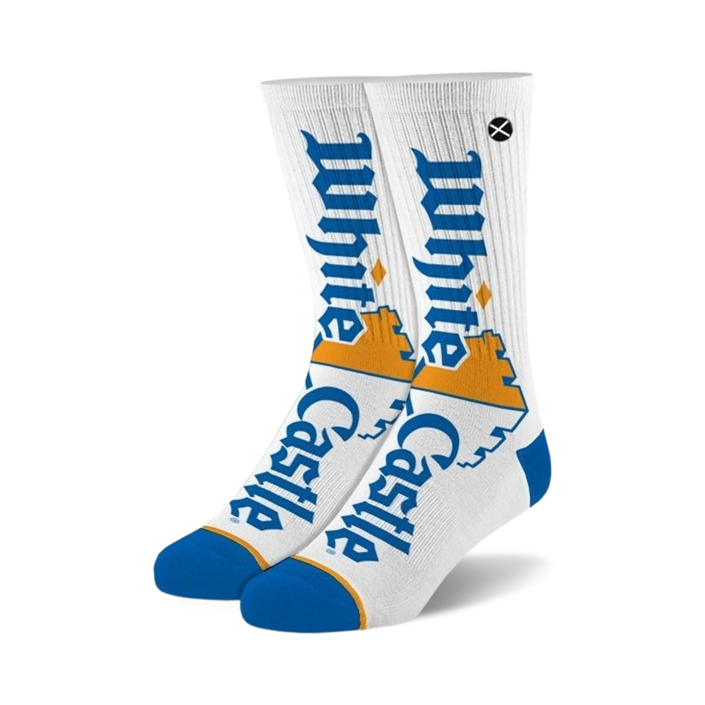 Pair of White Castle crew socks. White background with large blue and orange White Castle logo.