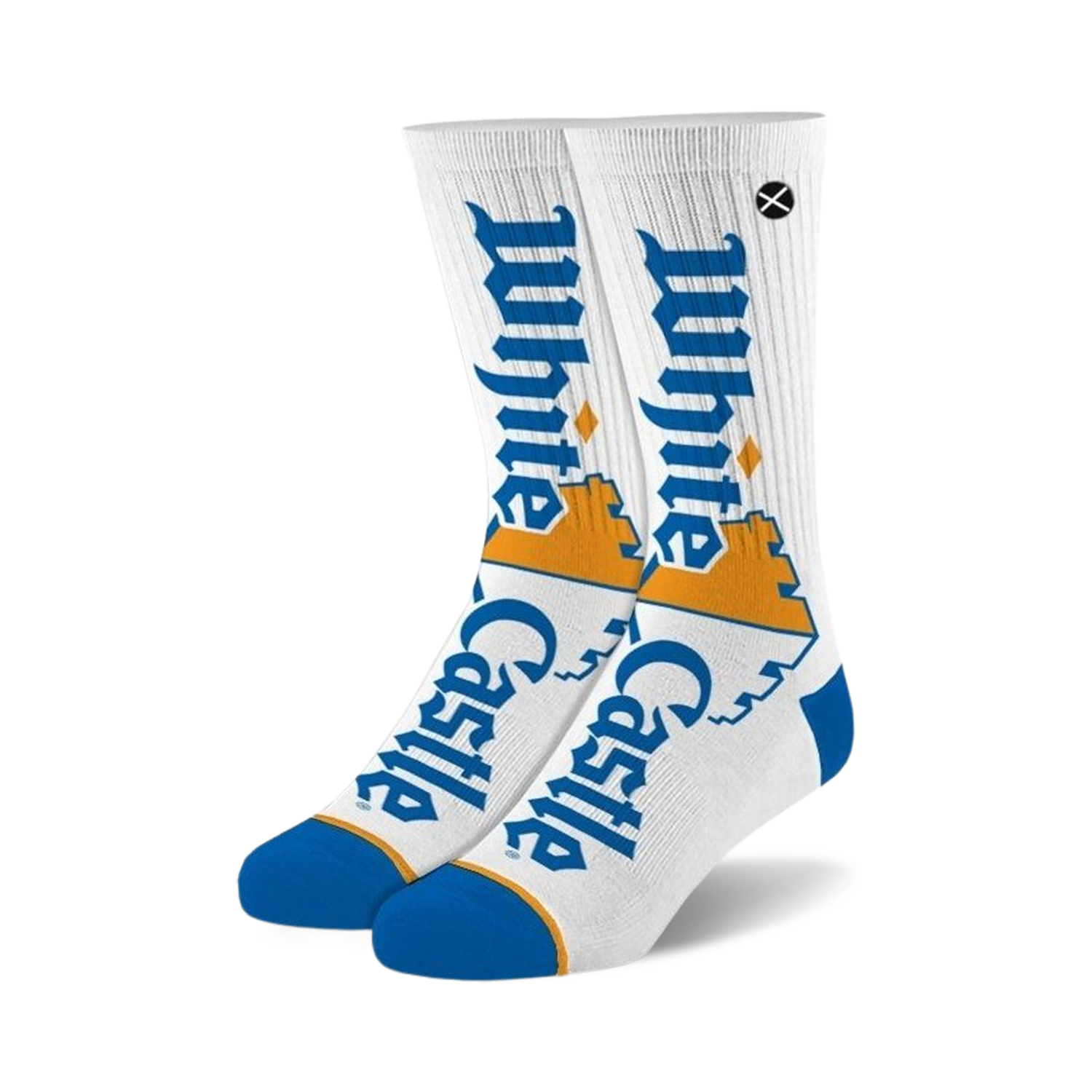Pair of White Castle crew socks. White background with large blue and orange White Castle logo.