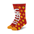 Pair of crew socks in red and orange. One sock features the Cheez-It logo, the other has a Cheez-It cracker pattern.