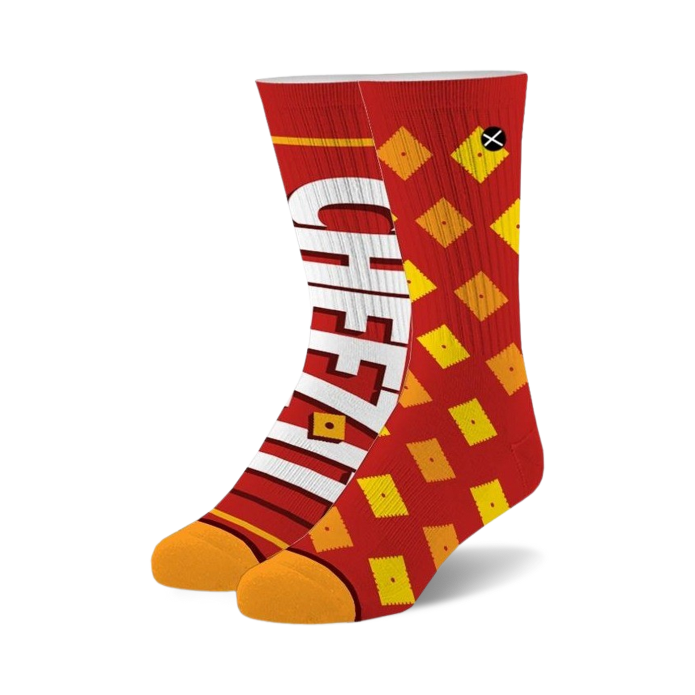 Pair of crew socks in red and orange. One sock features the Cheez-It logo, the other has a Cheez-It cracker pattern.