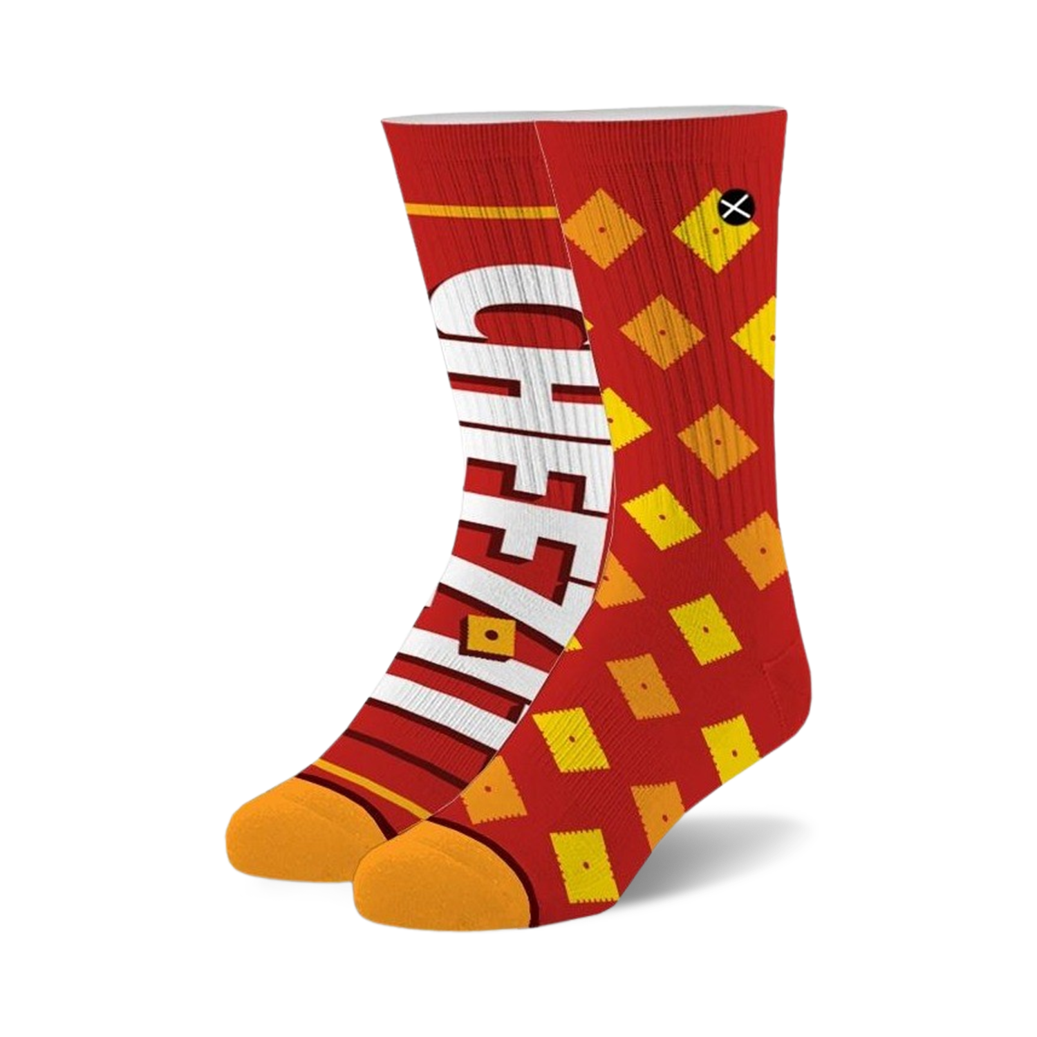 Pair of crew socks in red and orange. One sock features the Cheez-It logo, the other has a Cheez-It cracker pattern.