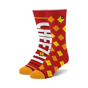 red crew socks with white and yellow cartoon cheez it cracker pattern fun and delicious cheez it socks for men and women  / 