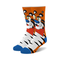 Pair of crew socks featuring Tony the Tiger.  The socks are white with orange tiger stripes and a large image of Tony on the top in orange, red, and blue.