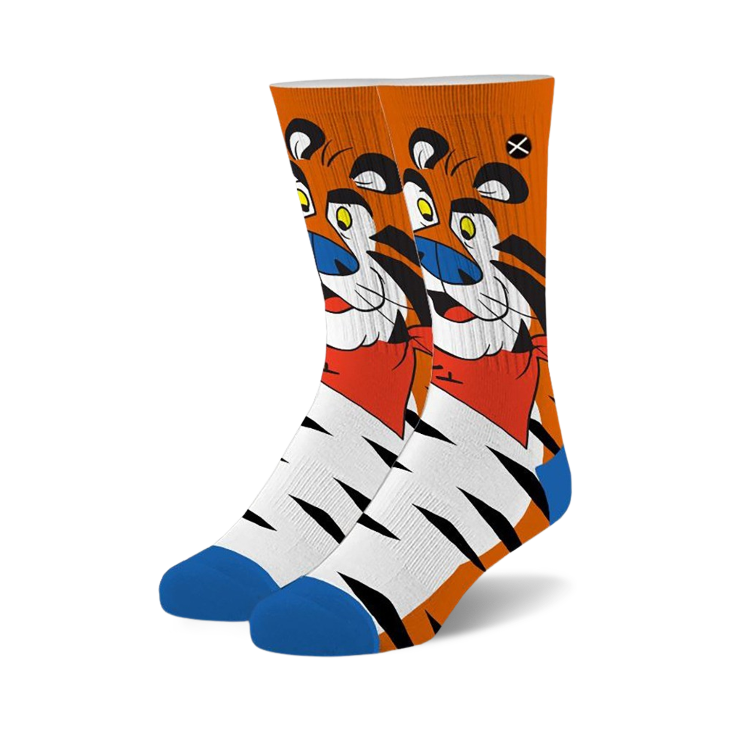 Pair of crew socks featuring Tony the Tiger.  The socks are white with orange tiger stripes and a large image of Tony on the top in orange, red, and blue.