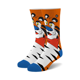 tony the tiger novelty socks in orange and white with a crew length, made of cotton for men and women.  