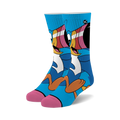 Crew socks featuring Toucan Sam from Froot Loops.  Predominantly blue with orange, pink, and yellow accents.  Fun cartoon character design.