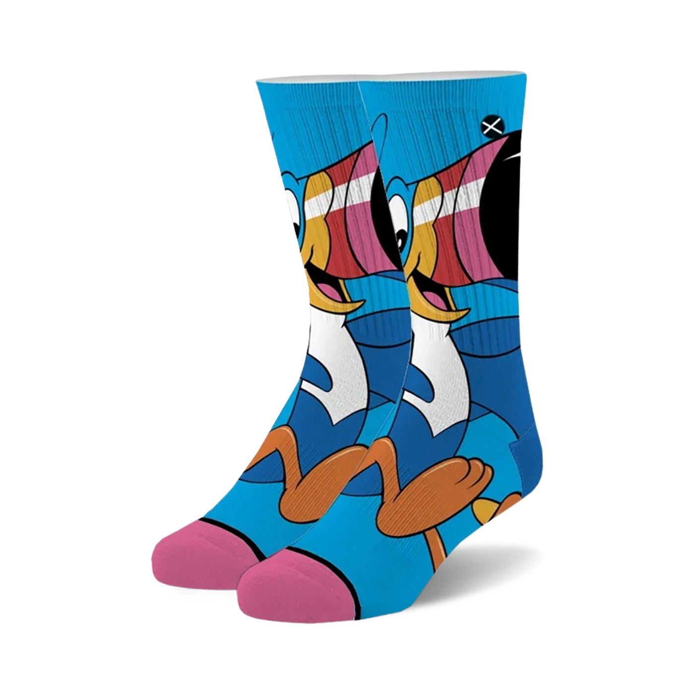 Crew socks featuring Toucan Sam from Froot Loops.  Predominantly blue with orange, pink, and yellow accents.  Fun cartoon character design.