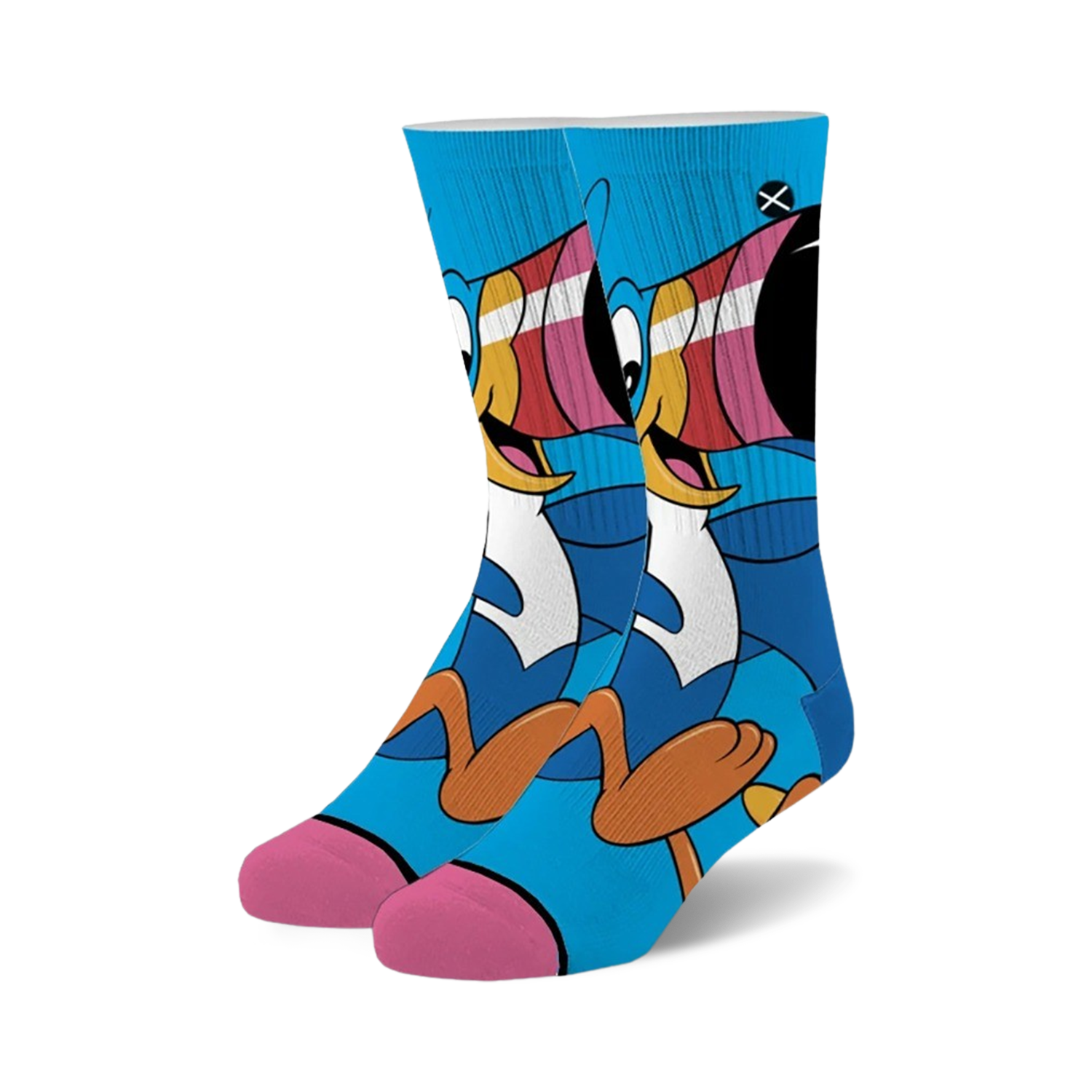 Crew socks featuring Toucan Sam from Froot Loops.  Predominantly blue with orange, pink, and yellow accents.  Fun cartoon character design.