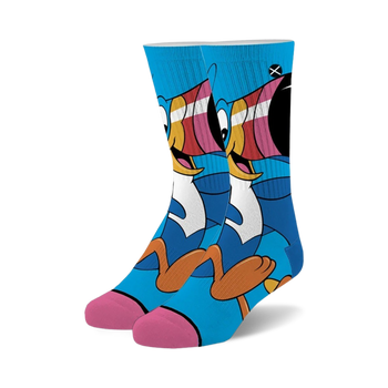 blue crew socks with colorful cartoon toucan sam froot loops pattern. fun socks for men and women.   