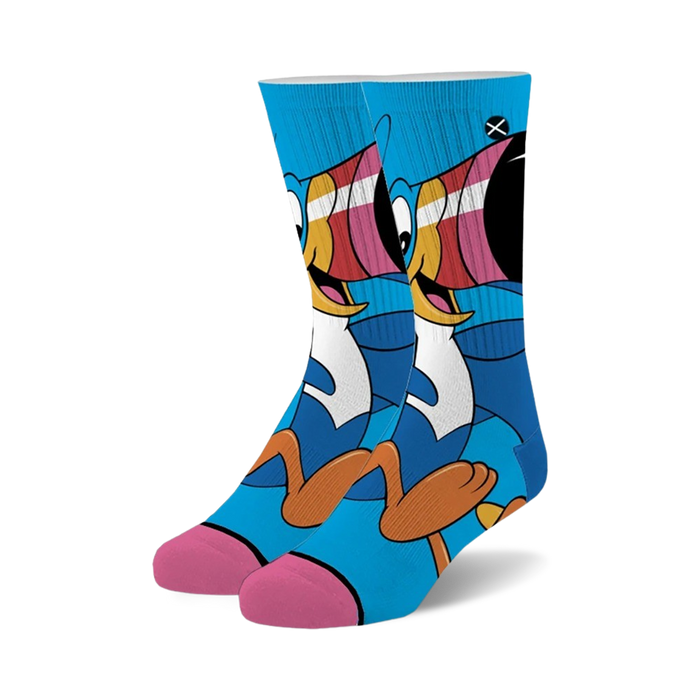blue crew socks with colorful cartoon toucan sam froot loops pattern. fun socks for men and women.    }}