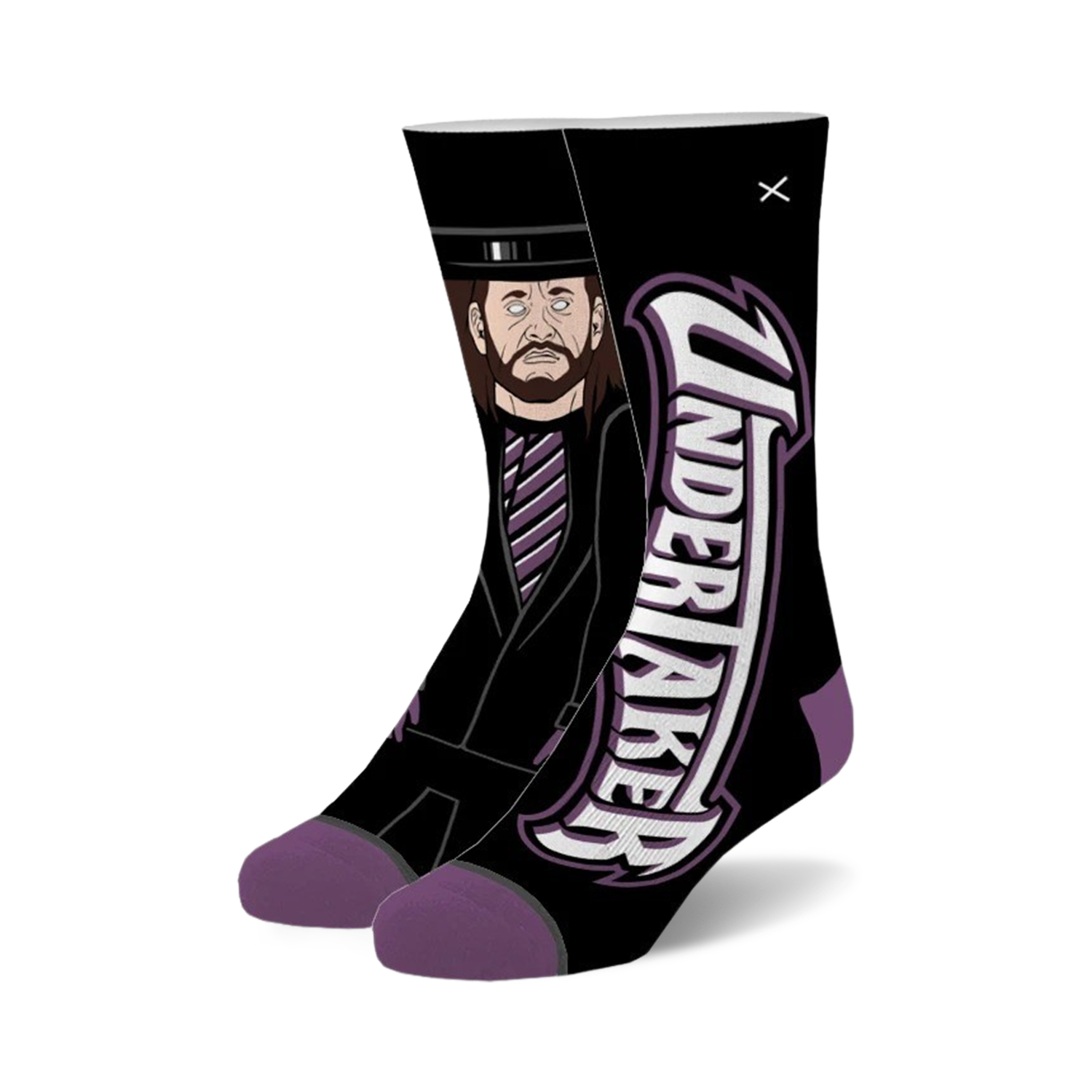 Pair of black crew socks with a purple and white Undertaker graphic.  Features a cartoon-style image of The Undertaker in his signature attire.