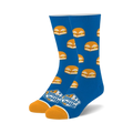 Pair of blue crew socks with a pattern of White Castle burgers. The socks have orange and white accents at the cuffs. 