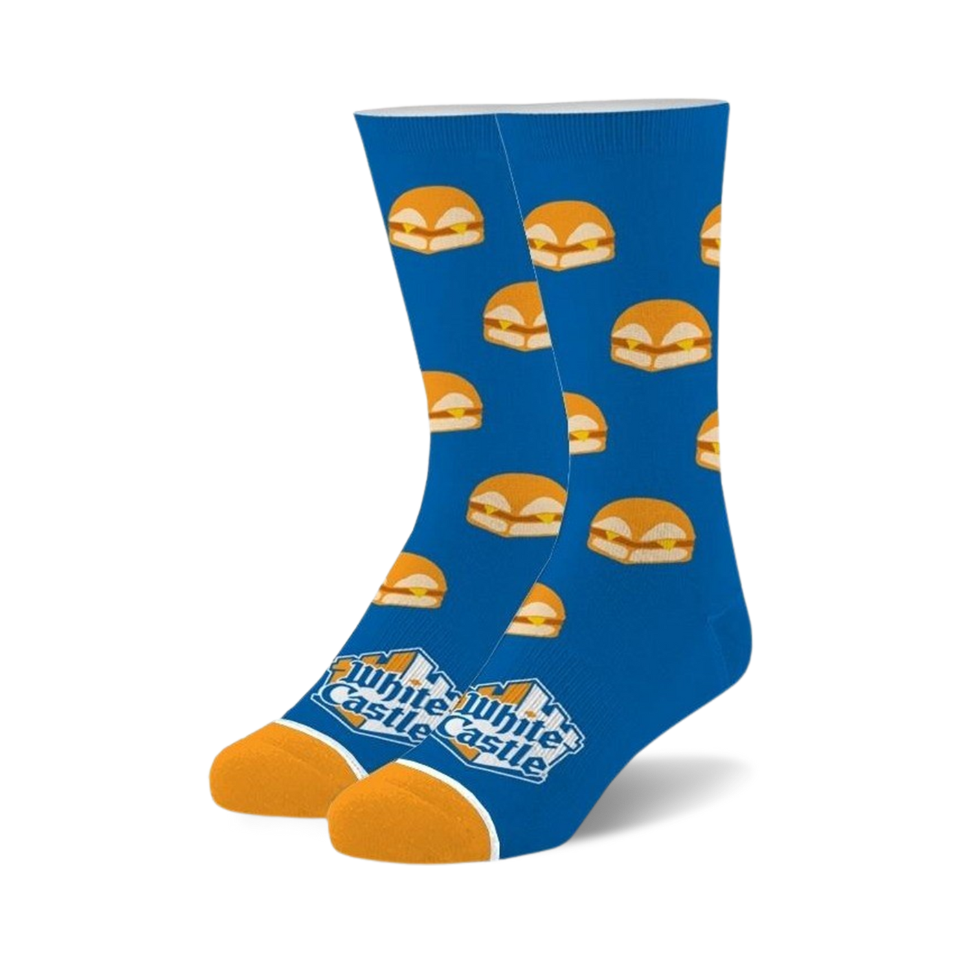 Pair of blue crew socks with a pattern of White Castle burgers. The socks have orange and white accents at the cuffs. 