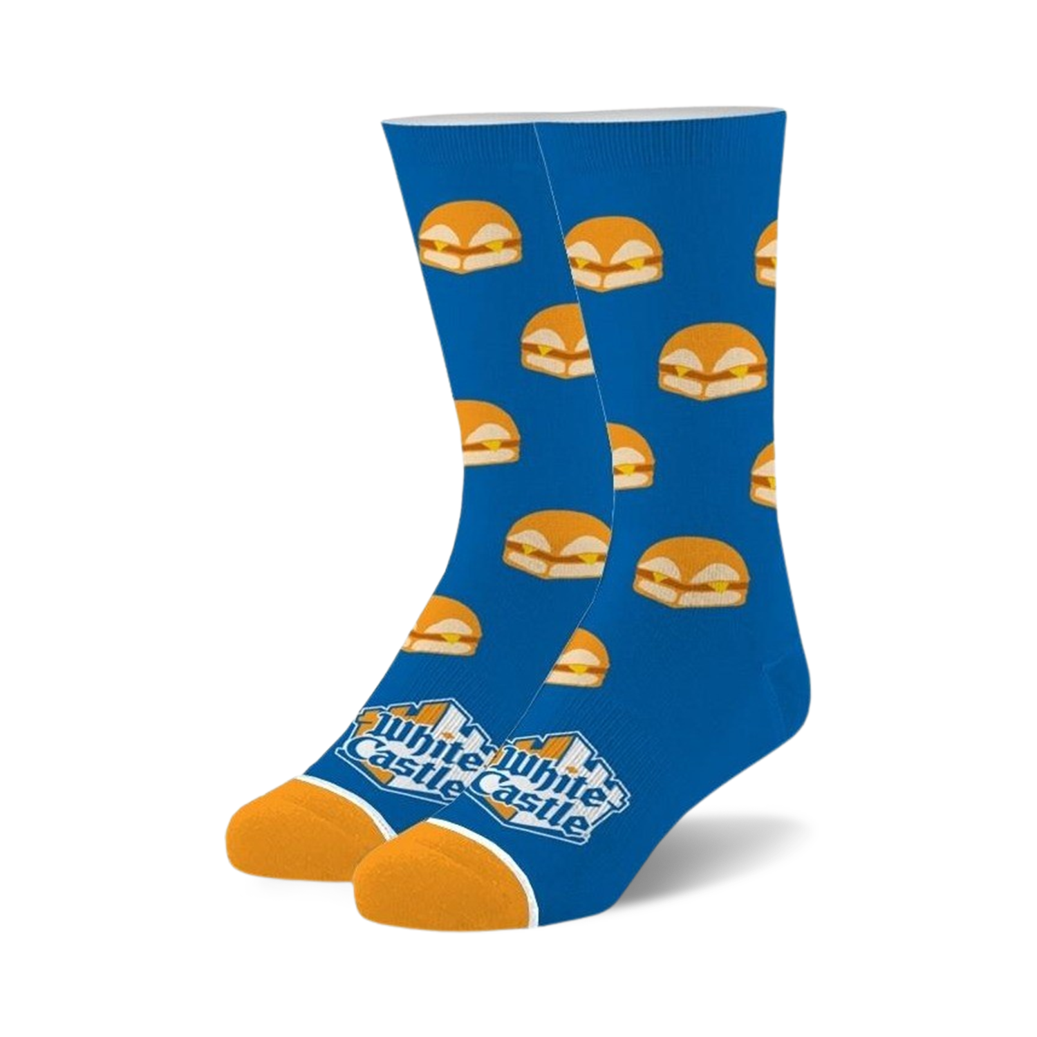 Pair of blue crew socks with a pattern of White Castle burgers. The socks have orange and white accents at the cuffs. 