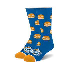 crew length socks for men and women featuring an all-over pattern of white castle cheeseburgers.  