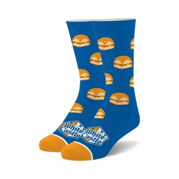 crew length socks for men and women featuring an all-over pattern of white castle cheeseburgers.  
