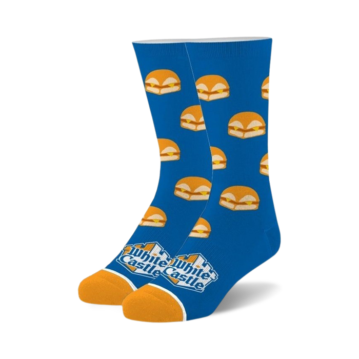 crew length socks for men and women featuring an all-over pattern of white castle cheeseburgers.   }}