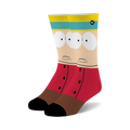 Pair of crew socks depicting Eric Cartman from South Park.  Features his face, red shirt, and brown pants in cream, red, brown, and teal.