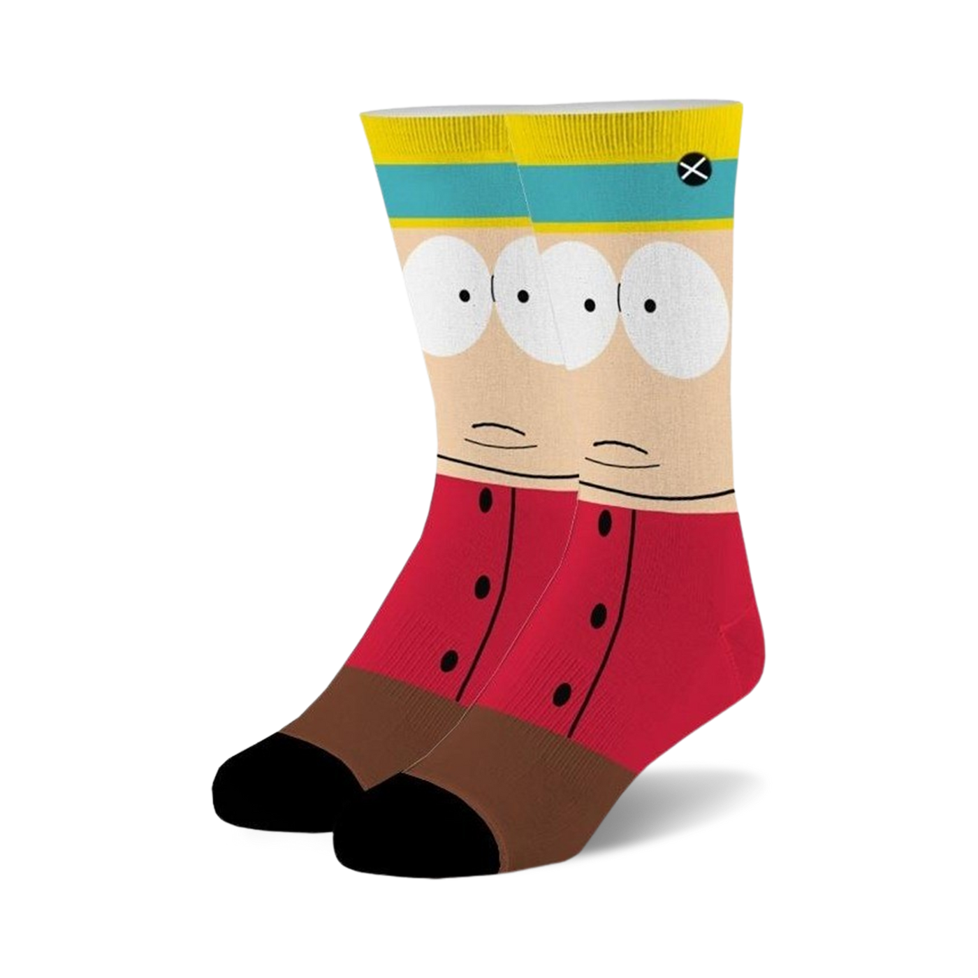 Pair of crew socks depicting Eric Cartman from South Park.  Features his face, red shirt, and brown pants in cream, red, brown, and teal.