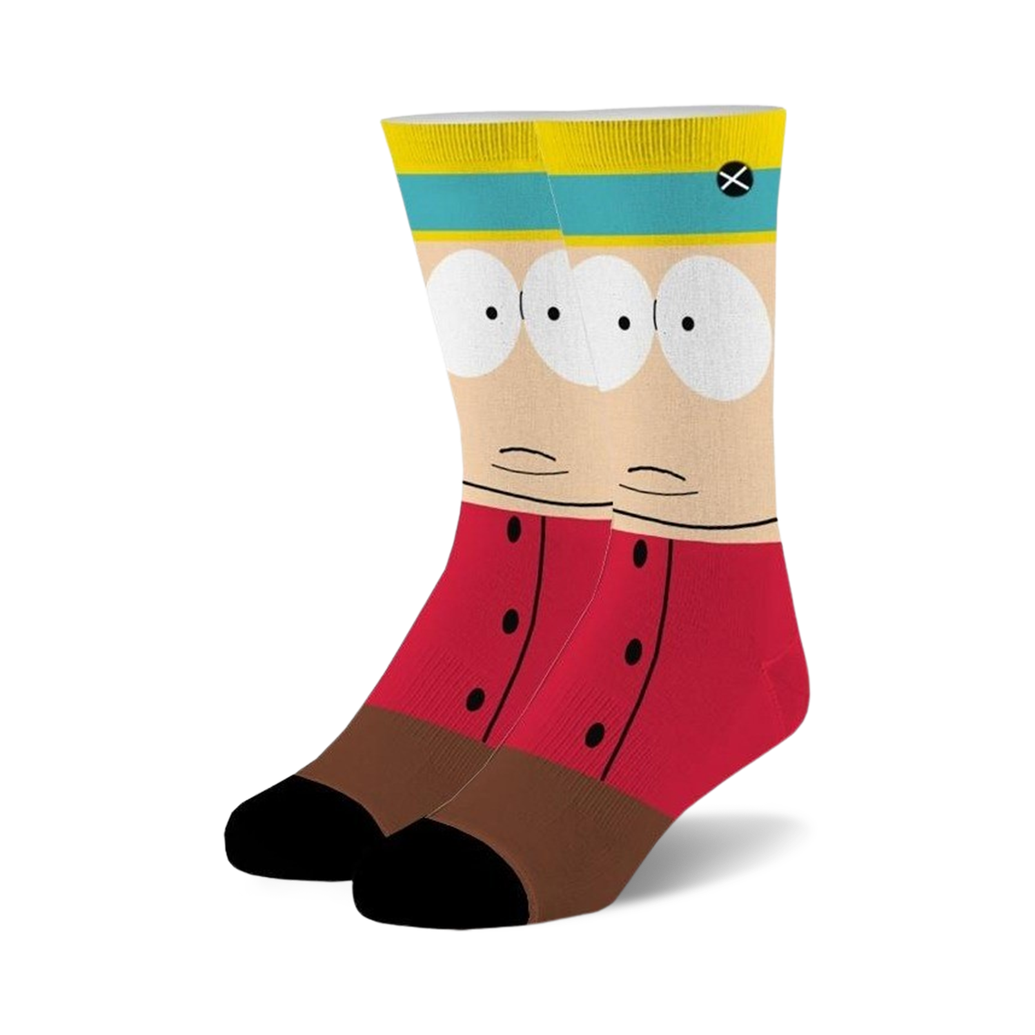 Pair of crew socks depicting Eric Cartman from South Park.  Features his face, red shirt, and brown pants in cream, red, brown, and teal.