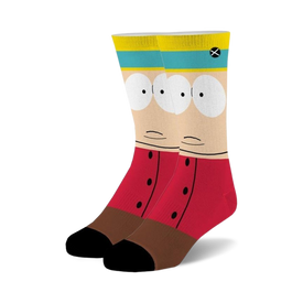 south park eric cartman novelty crew socks in red, yellow, and blue for men and women.  