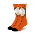 Pair of orange crew socks featuring Kenny McCormick's face from South Park.  Black heel and toe.