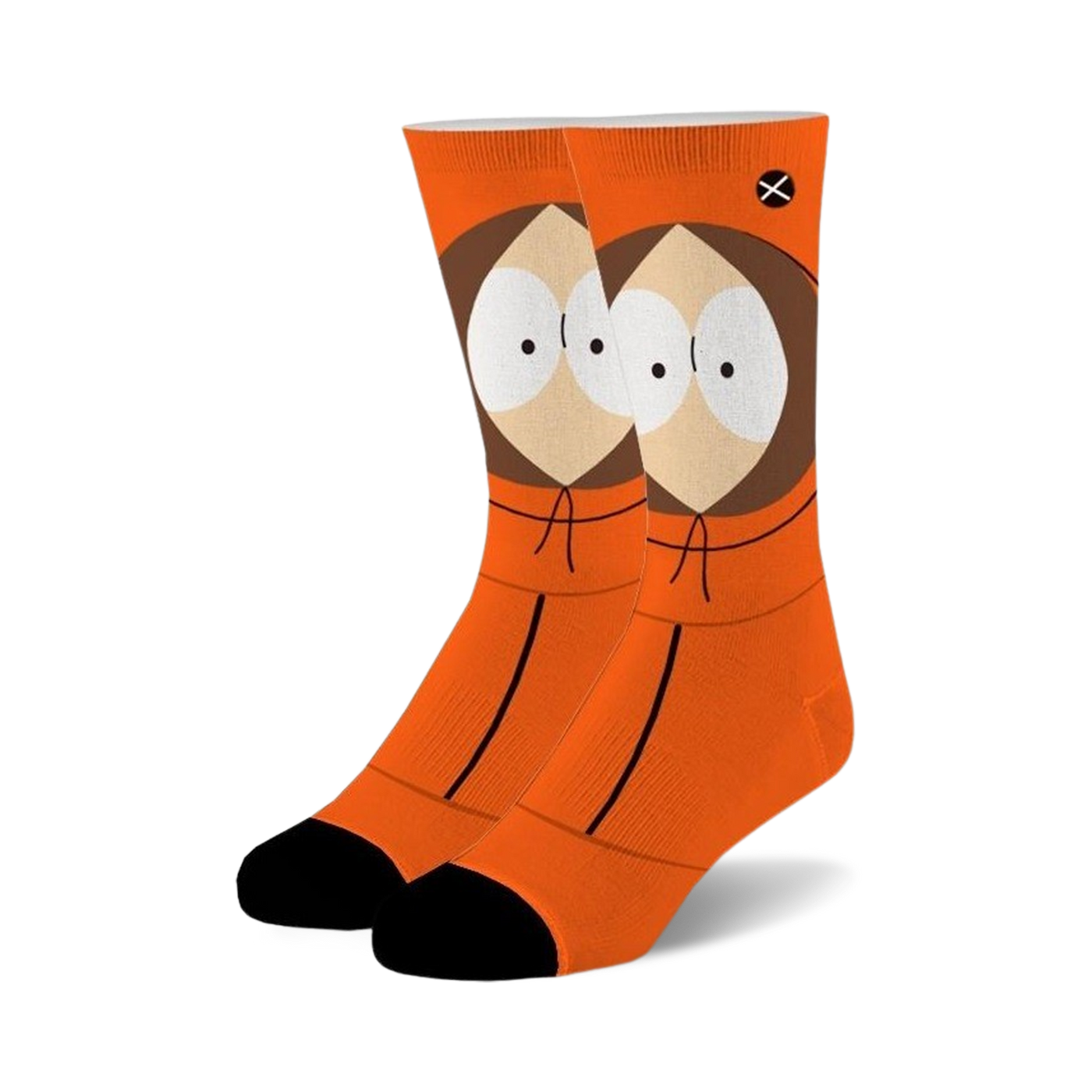 Pair of orange crew socks featuring Kenny McCormick's face from South Park.  Black heel and toe.