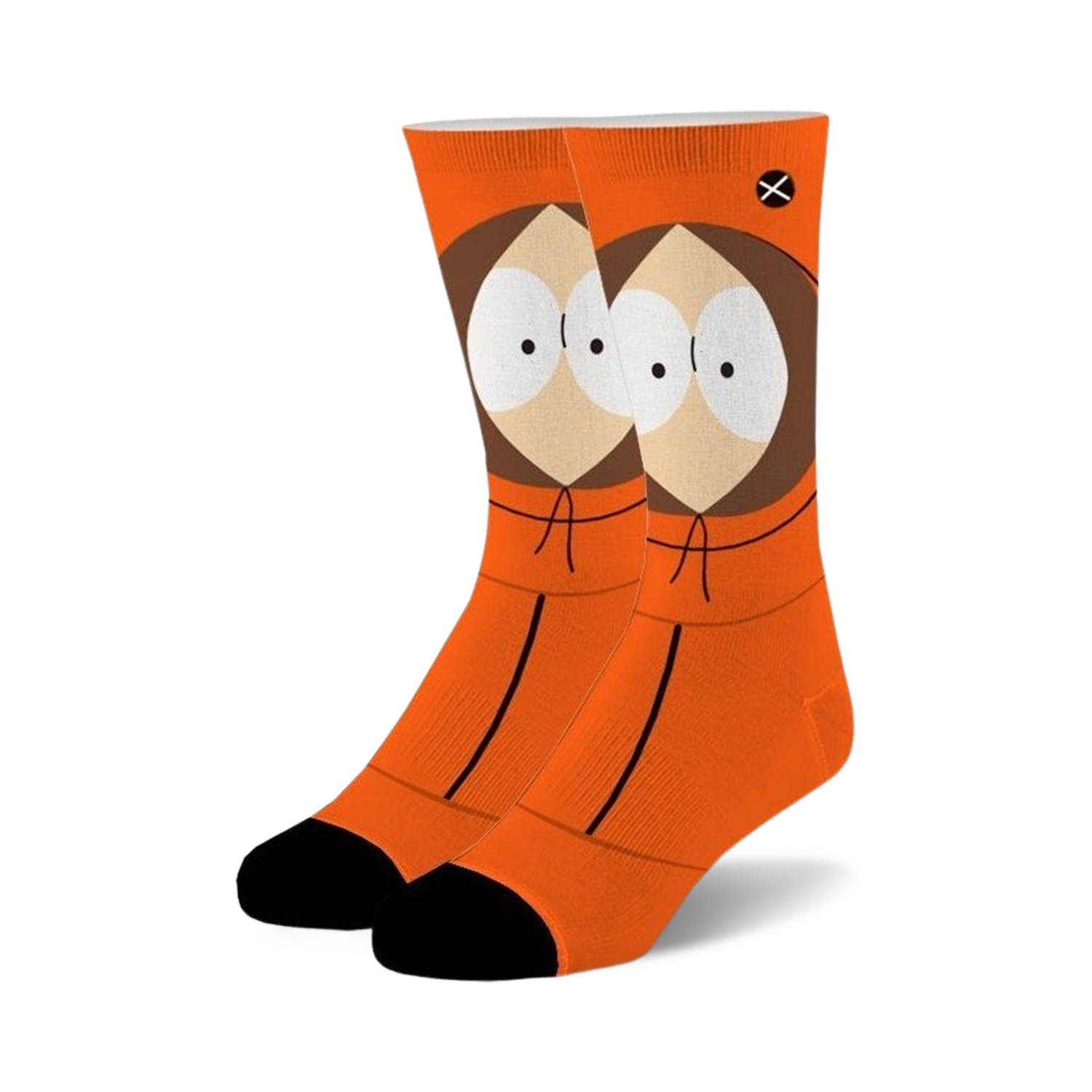 Pair of orange crew socks featuring Kenny McCormick's face from South Park.  Black heel and toe.
