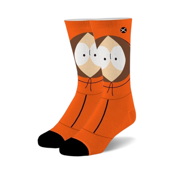orange crew socks with black sole and top. feature kenny mccormick cartoon character. fun pop culture design for men and women.   