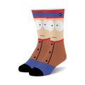 A pair of crew socks featuring Stan Marsh from South Park. They're mainly brown, blue, and red, with Stan's face and signature outfit.
