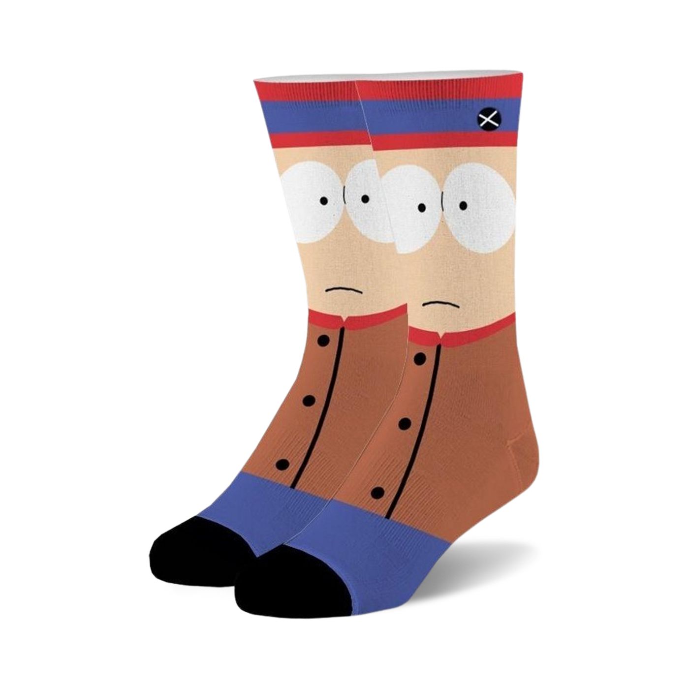 A pair of crew socks featuring Stan Marsh from South Park. They're mainly brown, blue, and red, with Stan's face and signature outfit.