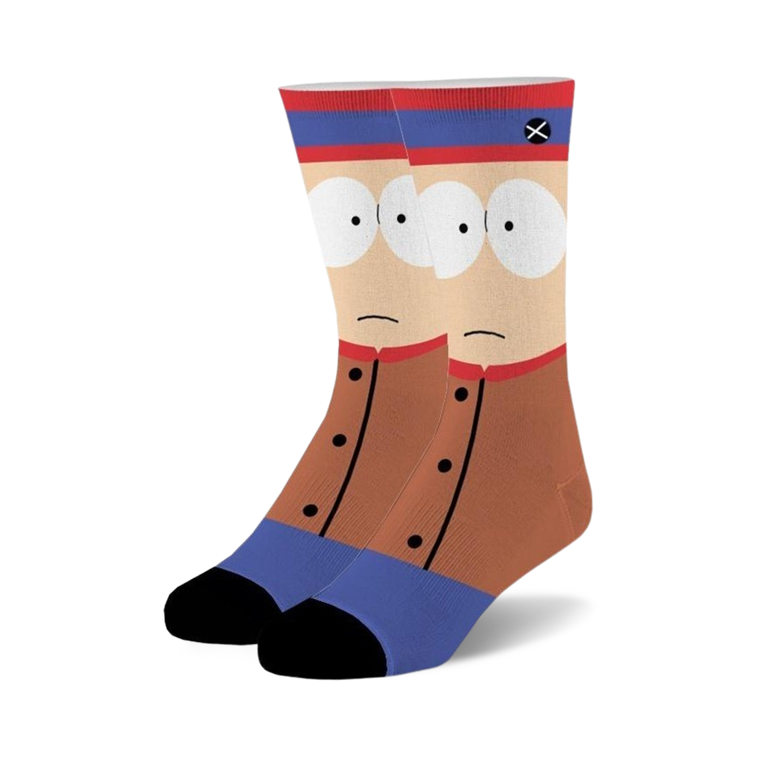 A pair of crew socks featuring Stan Marsh from South Park. They're mainly brown, blue, and red, with Stan's face and signature outfit.