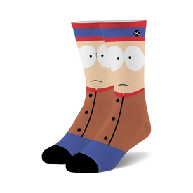 south park stan marsh brown socks with cartoon face, blue cuff and black toe and heel. crew length, unisex.  