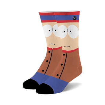 south park stan marsh brown socks with cartoon face, blue cuff and black toe and heel. crew length, unisex.  