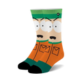 Pair of crew socks featuring Kyle Broflovski's face.  The socks are orange and teal with a graphic of Kyle's face and parka.