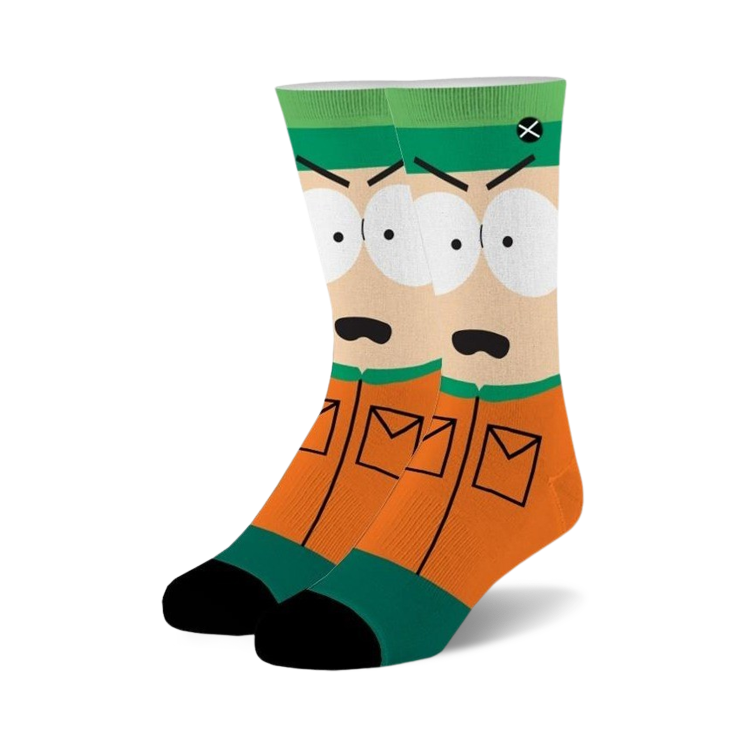 Pair of crew socks featuring Kyle Broflovski's face.  The socks are orange and teal with a graphic of Kyle's face and parka.