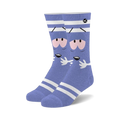 Pair of blue crew socks with a South Park Towelie design. White stripes accent the light blue background featuring Towelie's face.