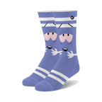 Pair of blue crew socks with a South Park Towelie design. White stripes accent the light blue background featuring Towelie's face.