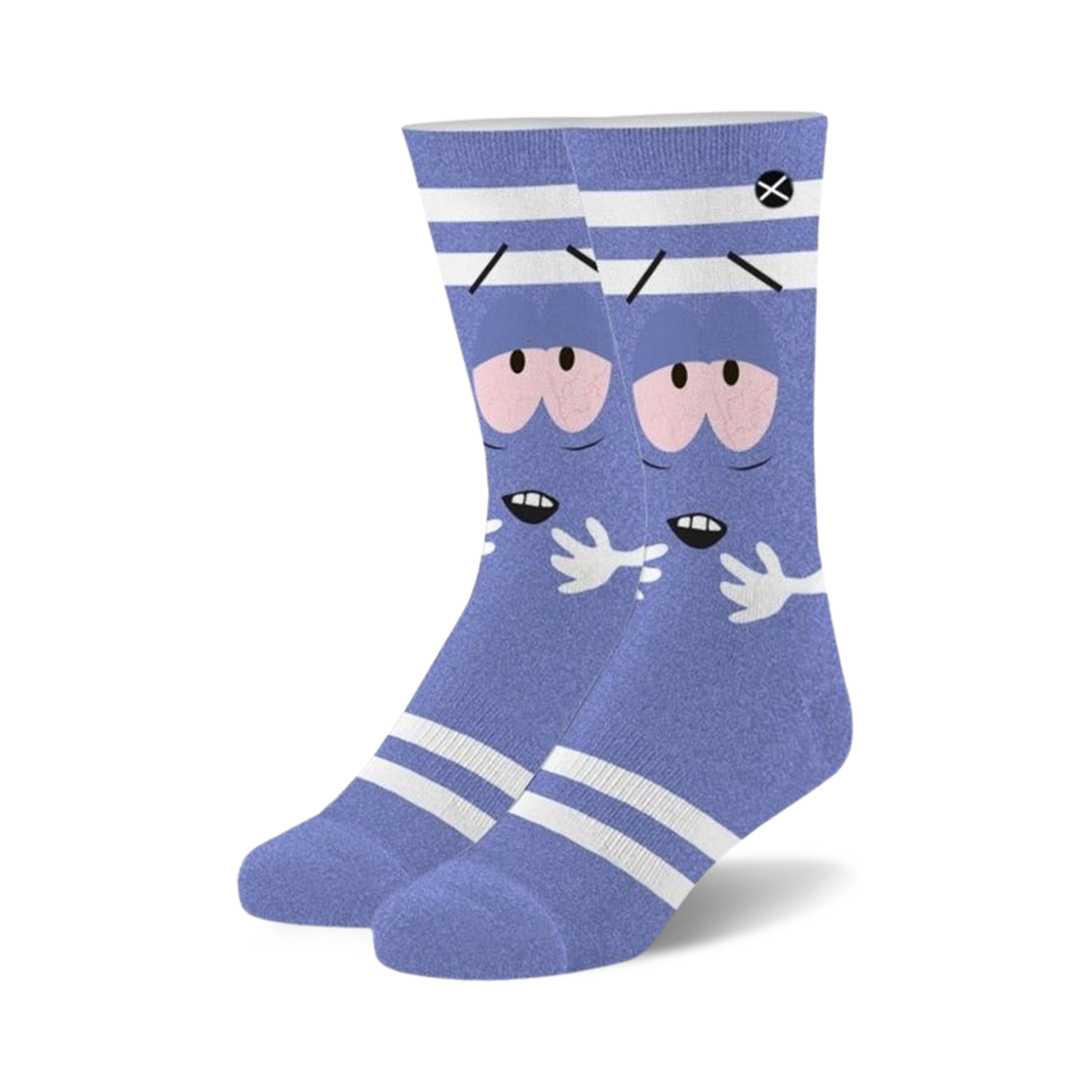 Pair of blue crew socks with a South Park Towelie design. White stripes accent the light blue background featuring Towelie's face.