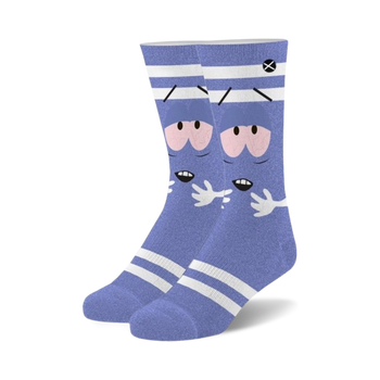 purple and white crew socks with cartoon character towelie from south park.  