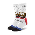 Pair of white crew socks with a graphic of Chef from South Park, wearing his chef's hat and apron; the socks have black and blue accents and say 'Chef' on the sides.