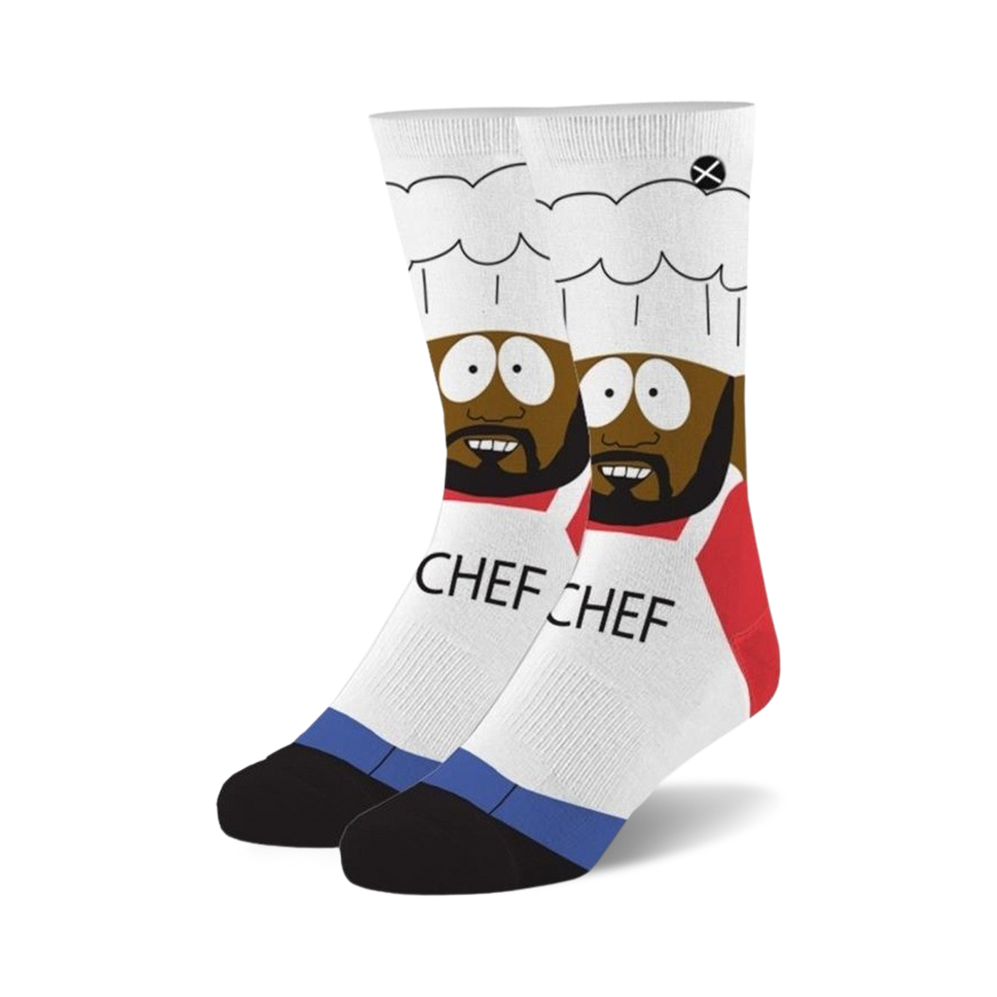 Pair of white crew socks with a graphic of Chef from South Park, wearing his chef's hat and apron; the socks have black and blue accents and say 'Chef' on the sides.