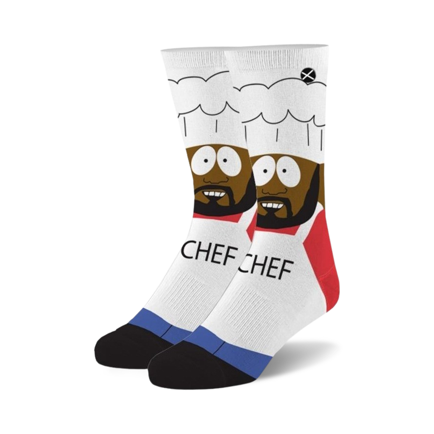 Pair of white crew socks with a graphic of Chef from South Park, wearing his chef's hat and apron; the socks have black and blue accents and say 'Chef' on the sides.