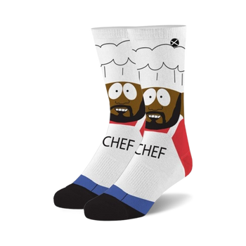 white crew socks with chef from south park pattern.  