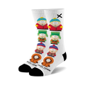 Pair of white crew socks with 8-bit South Park character designs in red, orange, green, and brown. Black soles and a small 'X' on the top.