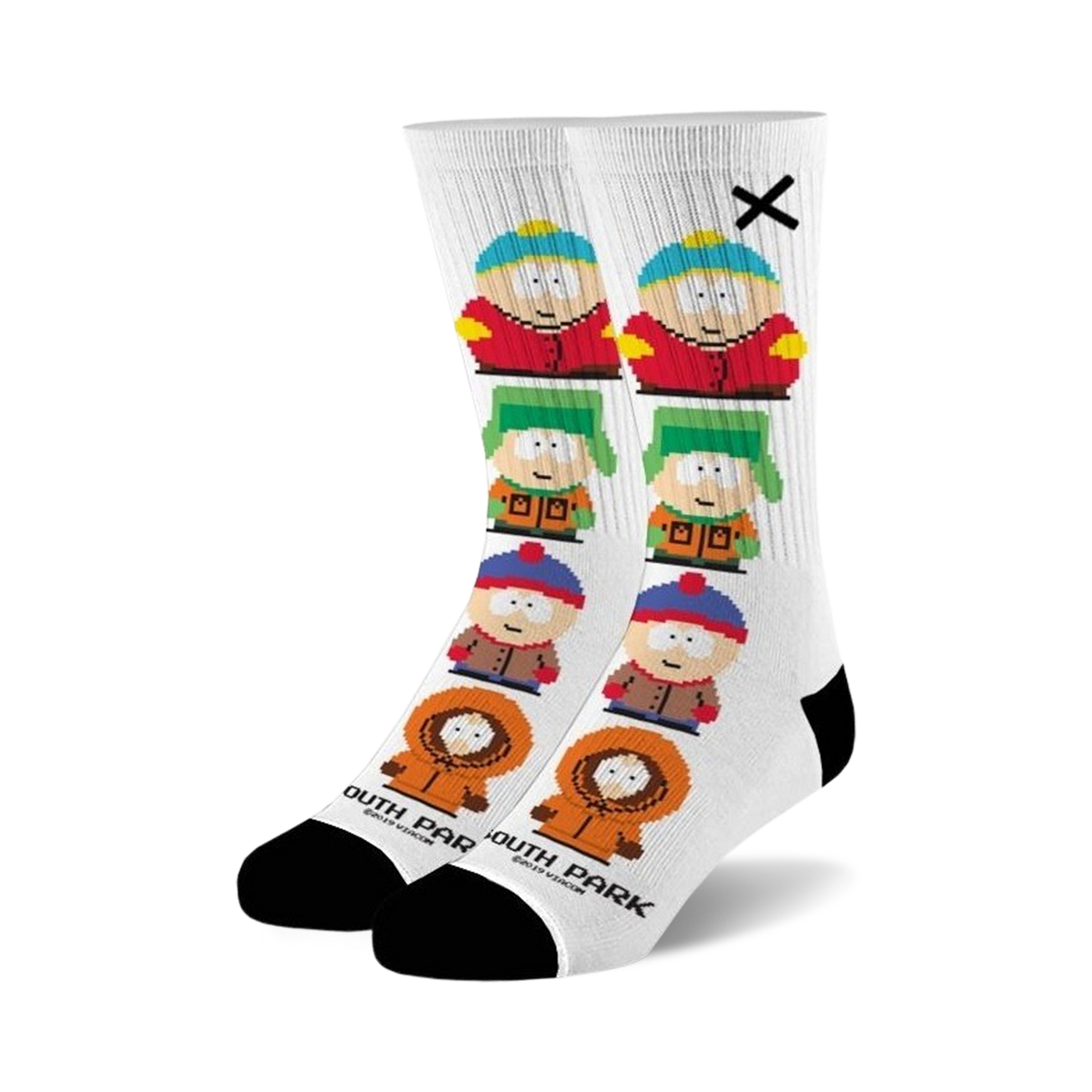 Pair of white crew socks with 8-bit South Park character designs in red, orange, green, and brown. Black soles and a small 'X' on the top.