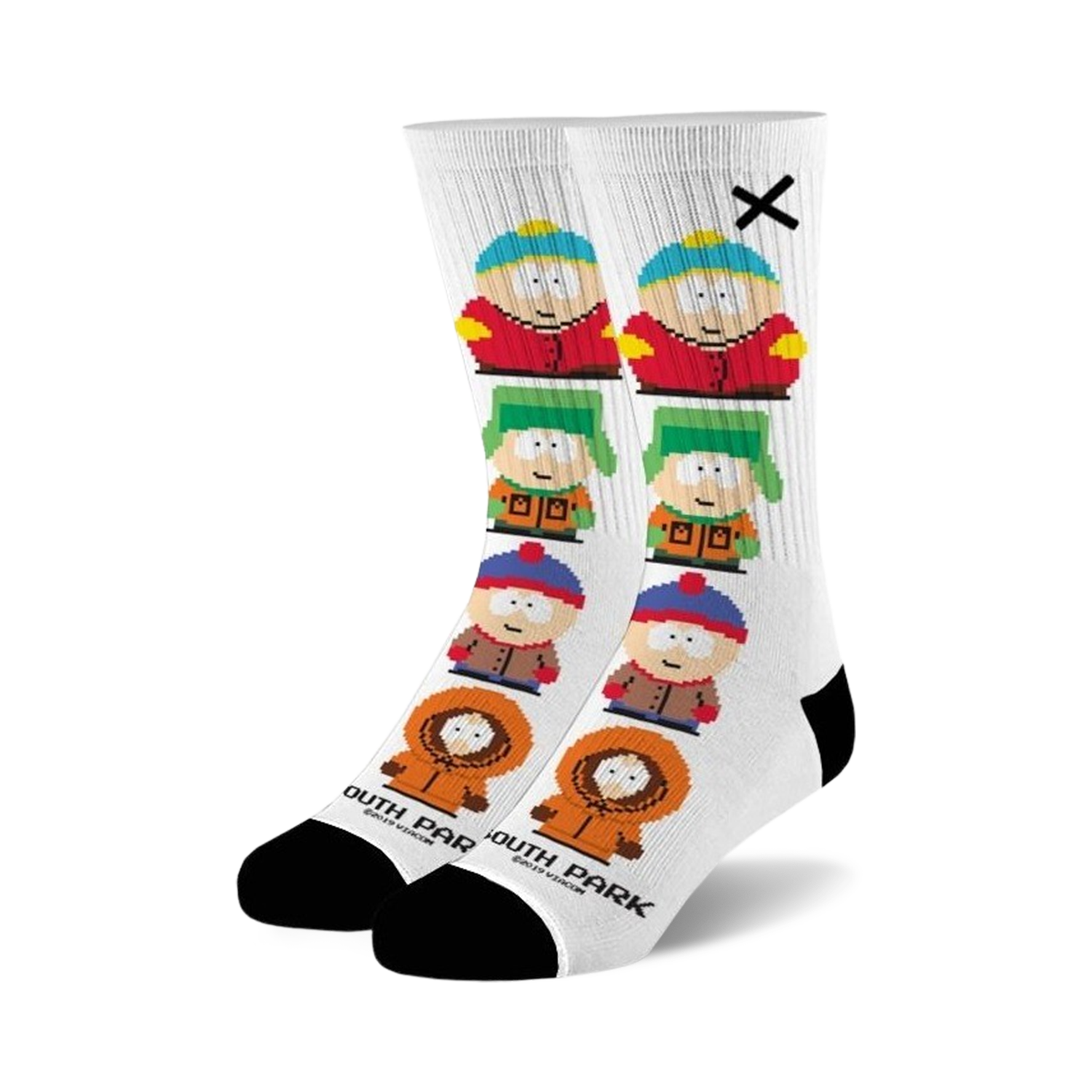 Pair of white crew socks with 8-bit South Park character designs in red, orange, green, and brown. Black soles and a small 'X' on the top.