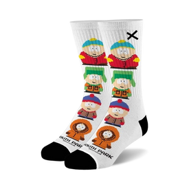  8 bit characters from the tv show south park in crew length socks made for men and women.   